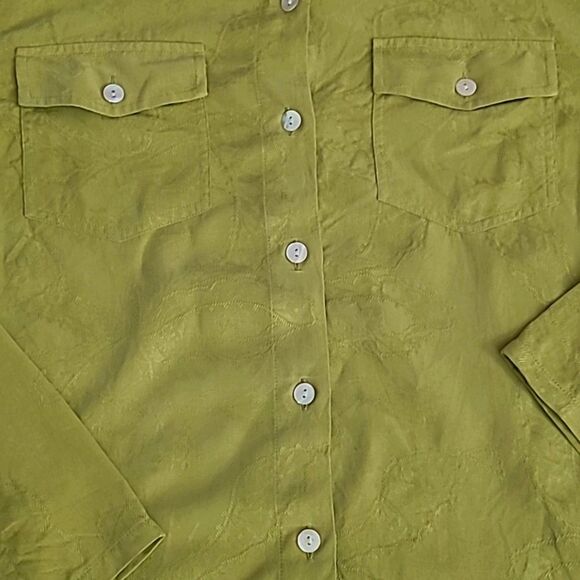 Chicos Design Women's Silk Collared Blouse Green Size 0 Roll Tab Sleeve Floral - Picture 5 of 12